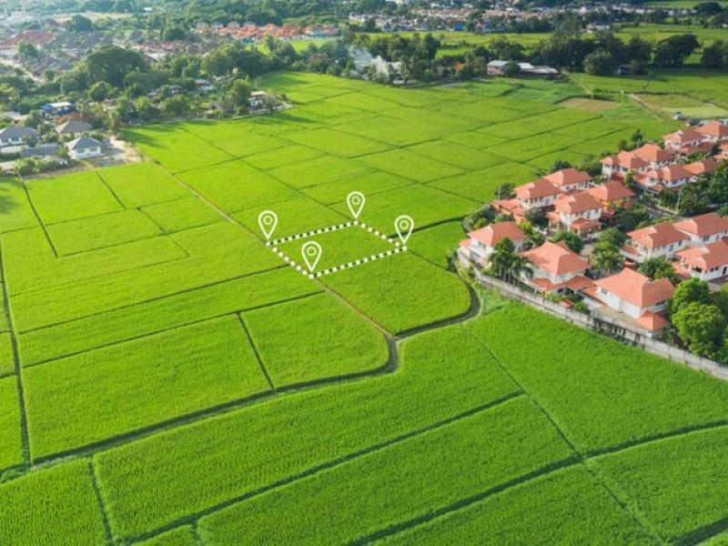 Land plot in aerial view. Identify registration symbol of vacant area for map. That property, real estate for business of home, house or residential i.e. construction, development, sale, rent, buy, purchase or investment. (Land plot in aerial view. Id